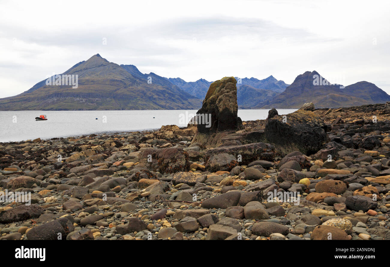 A view from the beach across Loch Scavaig to the Cuillin Hills from Elgol, Straithaird, Isle of Skye, Scotland, United Kingdom, Europe. Stock Photo