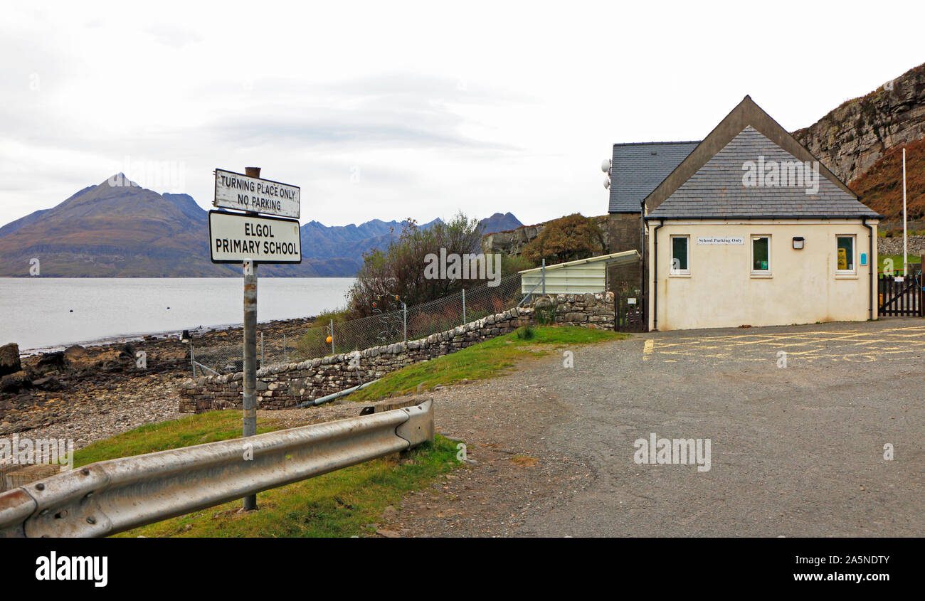A view of the Primary School by the shores of Loch Scavaig with the Cuillin Hills in the background at Elgol, Isle of Skye, Scotland, UK, Europe. Stock Photo