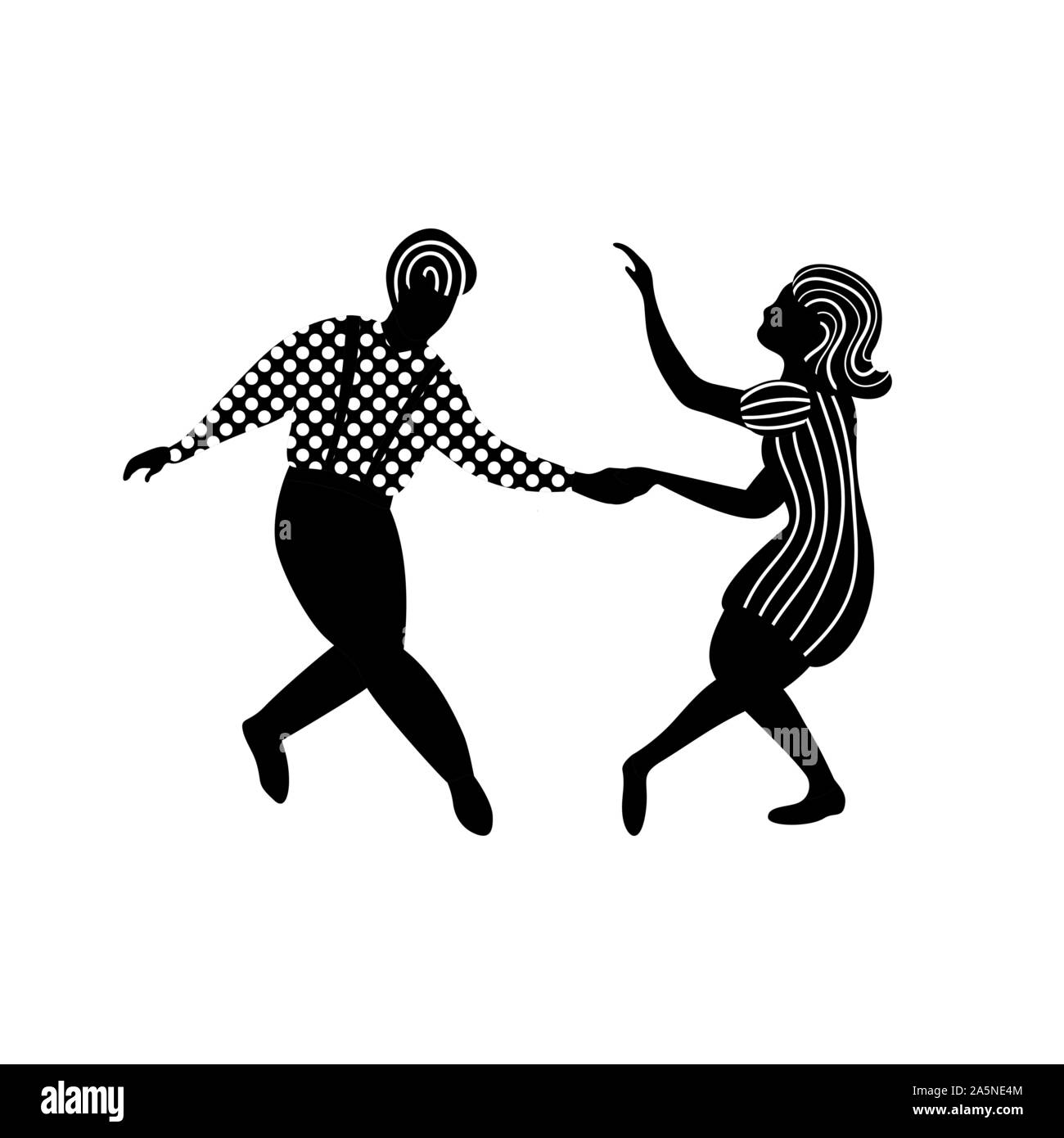 Swing dance couple of people in black and white colors. Man and woman dancing jazz, balboa or lindy hop. Vecctor illustration. Stock Vector