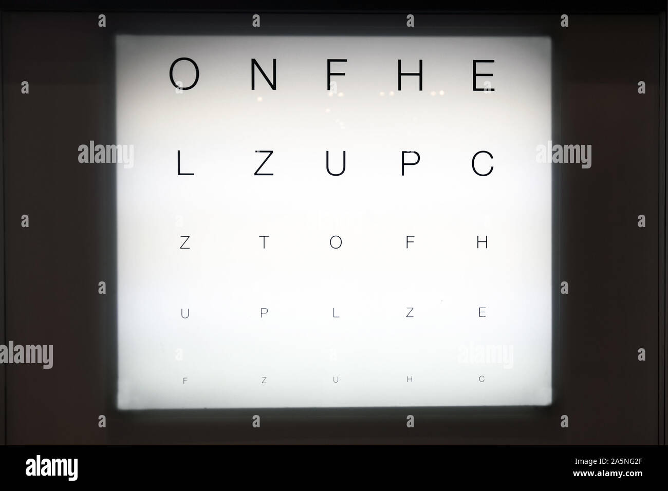Real eye sight chart with letters in different sizes as method for vision testing Stock Photo
