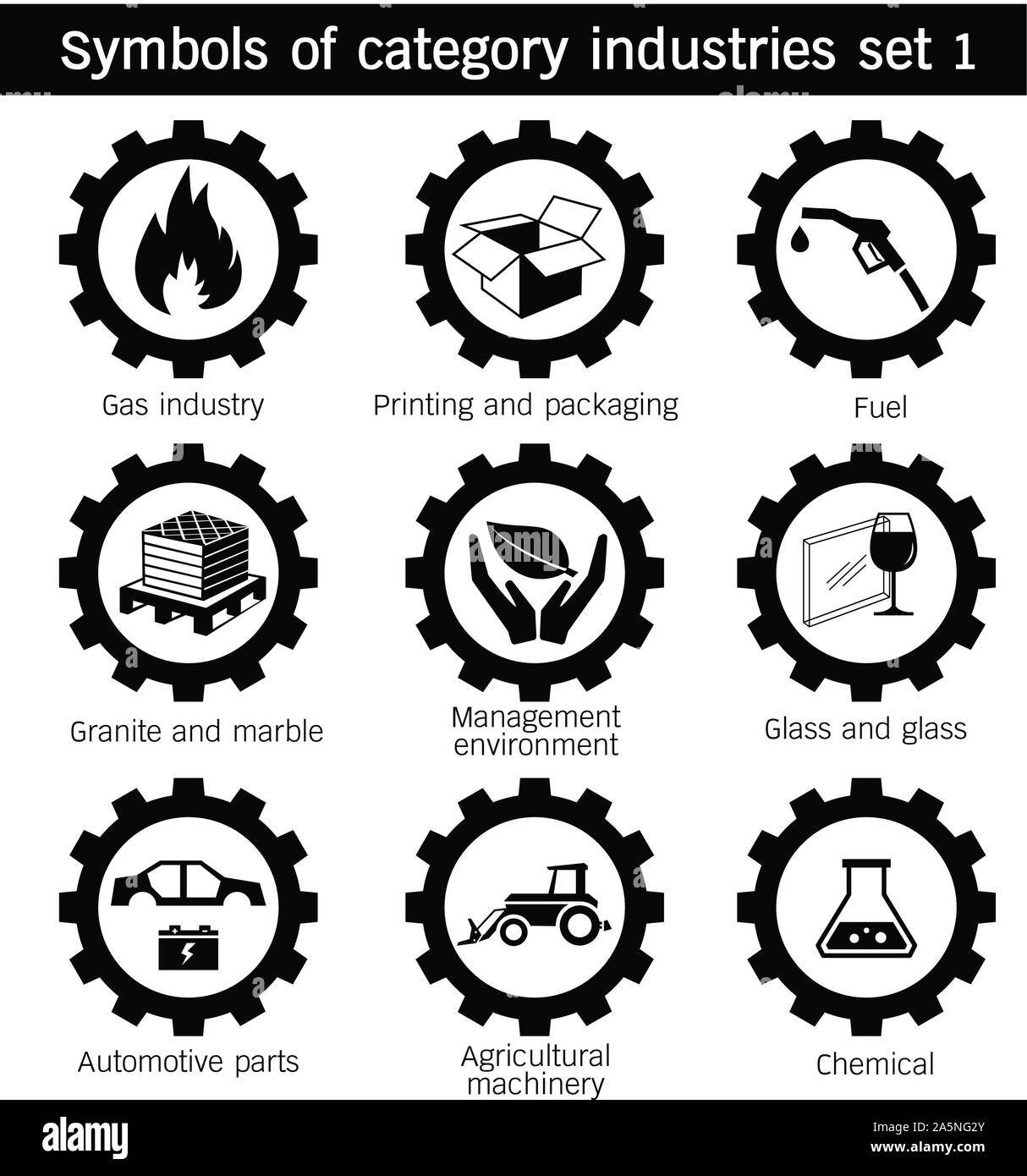 Symbols of category industries icon set Gas, Printing, packaging, Glass, Agricultural, machinery, Management, environment, Granite, marble, Chemical, Stock Vector