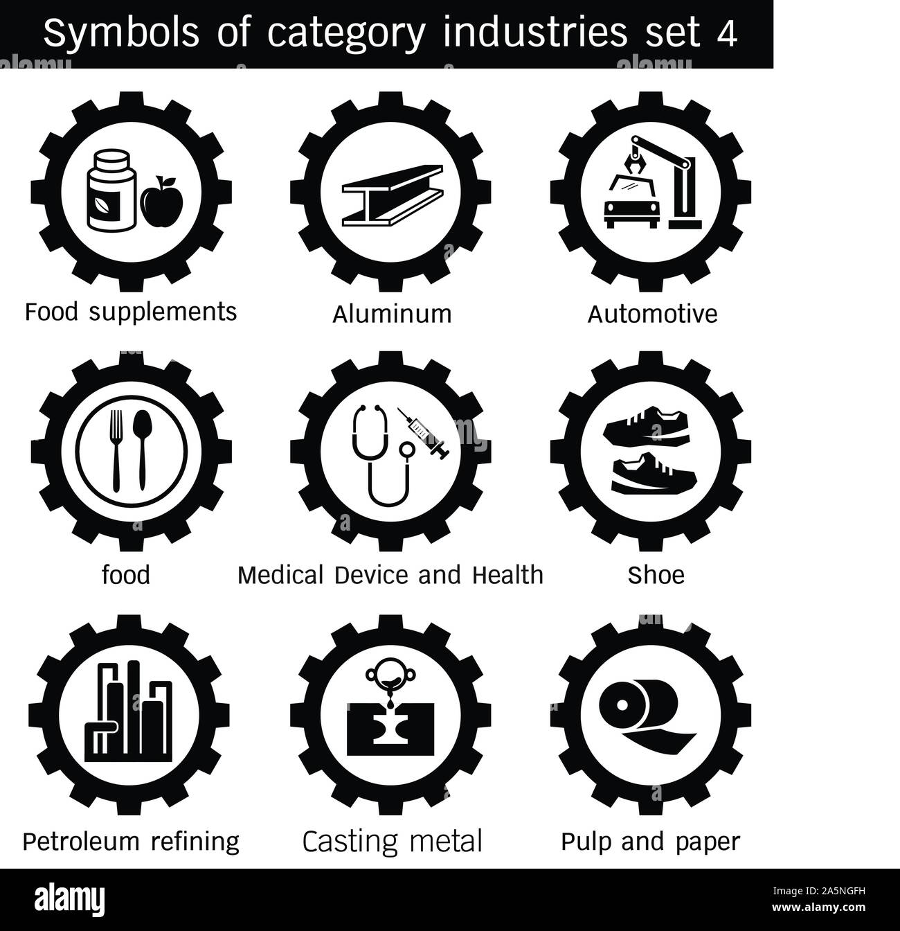 Symbols category industry of Automotive, Pulp and paper, Medical Device and Health, Casting metal, Shoe, Food supplements, Food,Petroleum refining, Al Stock Vector
