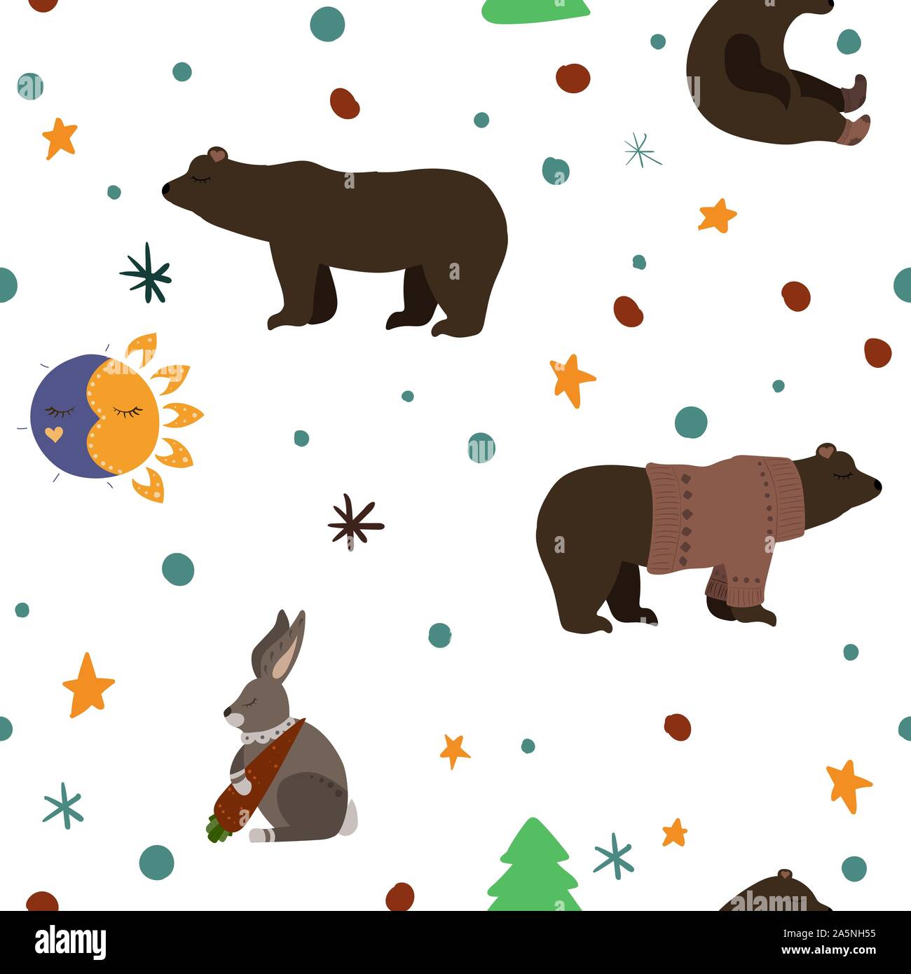 Cute brown bear and hare with carrot. Vector illustration. Seamless pattern background. Stock Vector