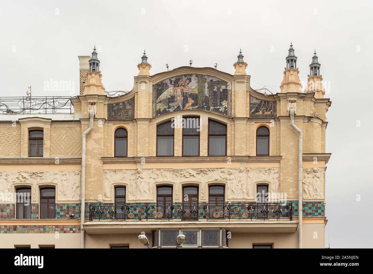 12-10-2019, Moscow, Russia. Fresco on the facade of the Metropol Hotel. Beautiful architecture historic building in the city center. Beautiful decorat Stock Photo