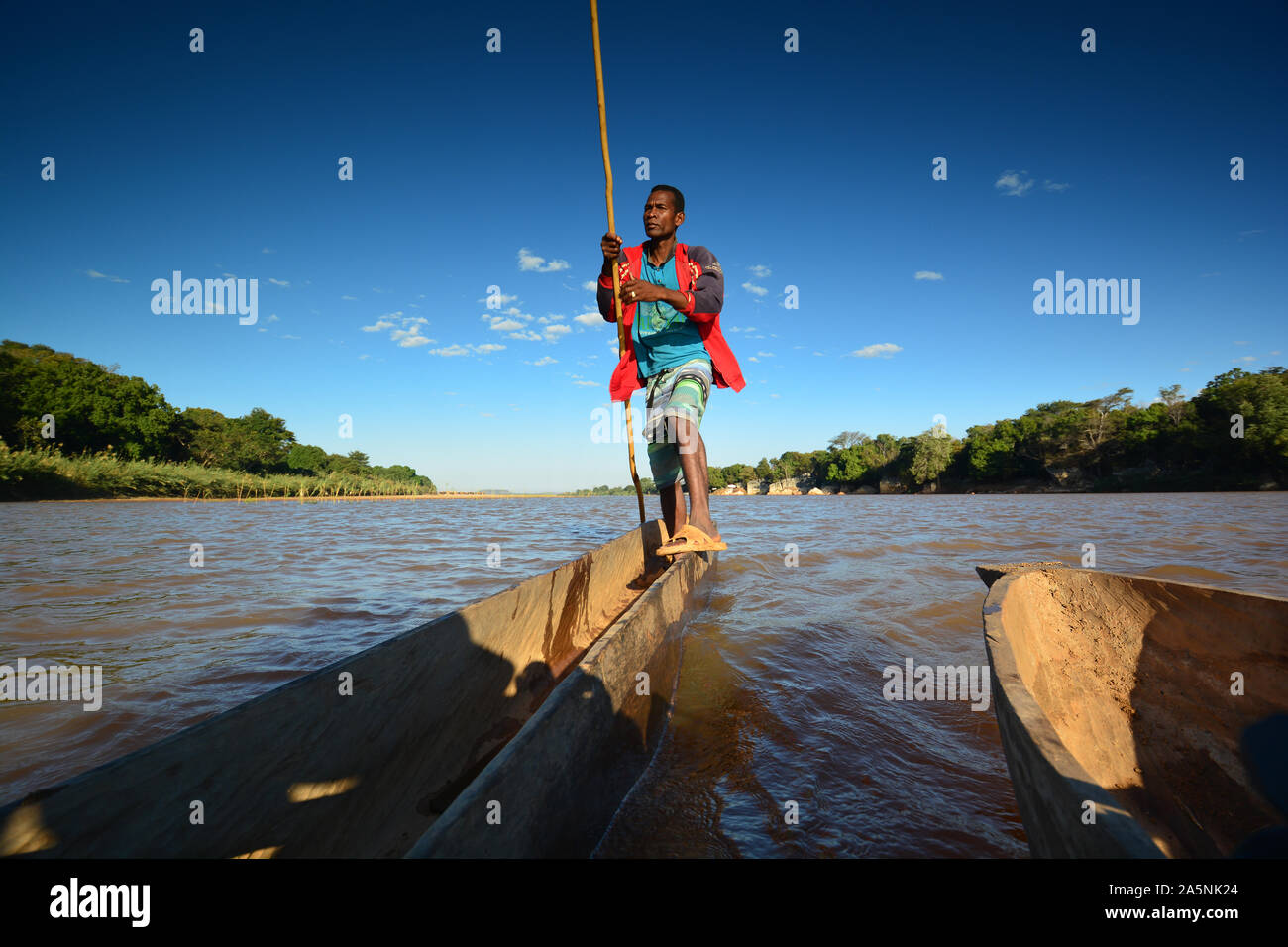 A Malagasy man punting a dugout canoe on Manambolo River. Madagascar, Africa Stock Photo