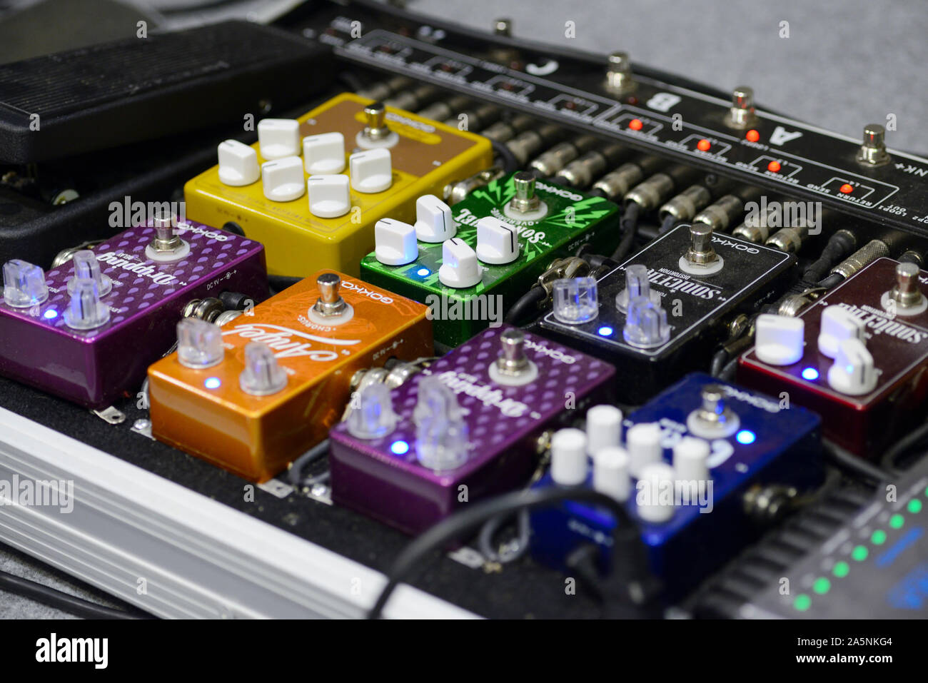 Foot Distortion and Guitar Effect Pedals Stock Photo Alamy