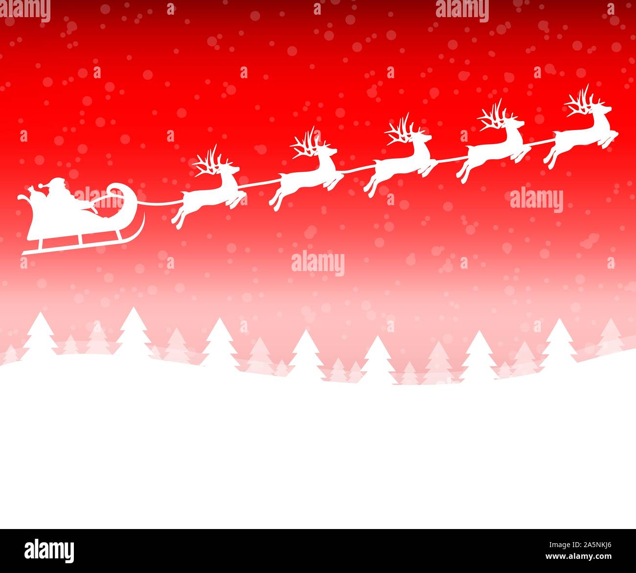 Santa Claus in a sleigh with a reindeer team flies in the Christmas forest Stock Vector