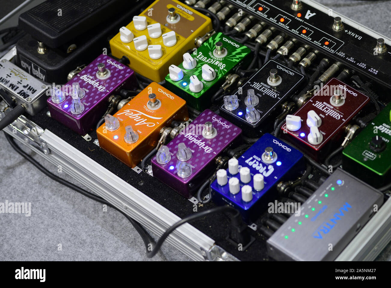 Foot Distortion and Guitar Effect Pedals Stock Photo Alamy