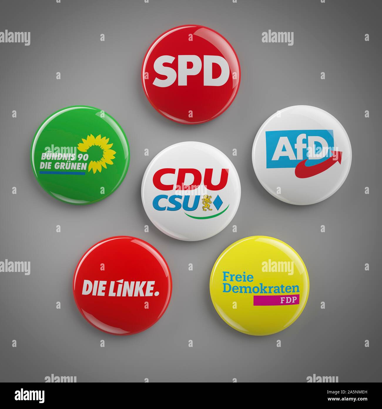 Buttons of the parliamentary groups of the German Bundestag 2019, SPD, CDU/CSU, The Greens, FDP, The Left, AfD, studio shot, Germany Stock Photo
