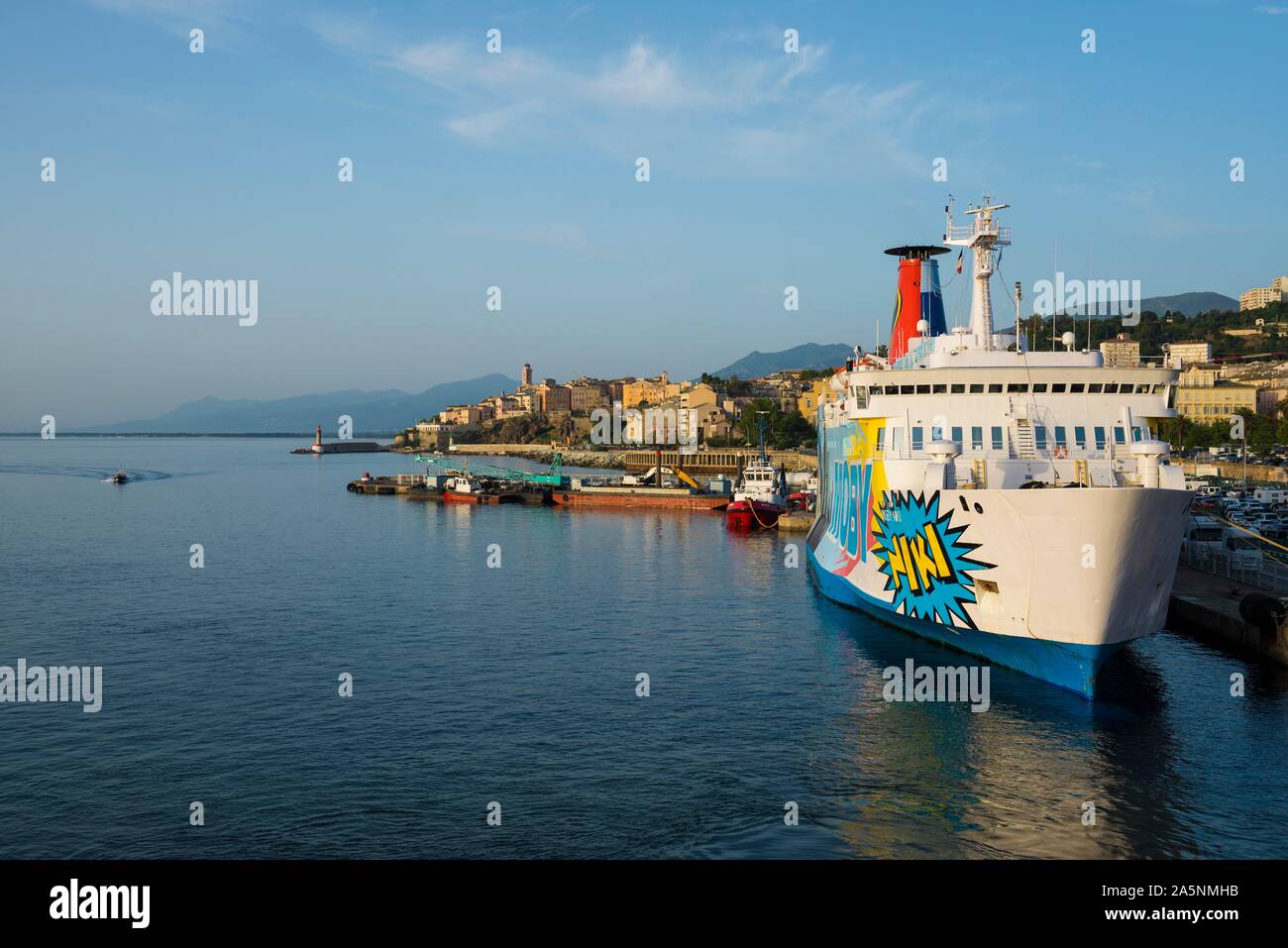 City view with ferry port and ferries, morning mood, Bastia, Corsica, France Stock Photo