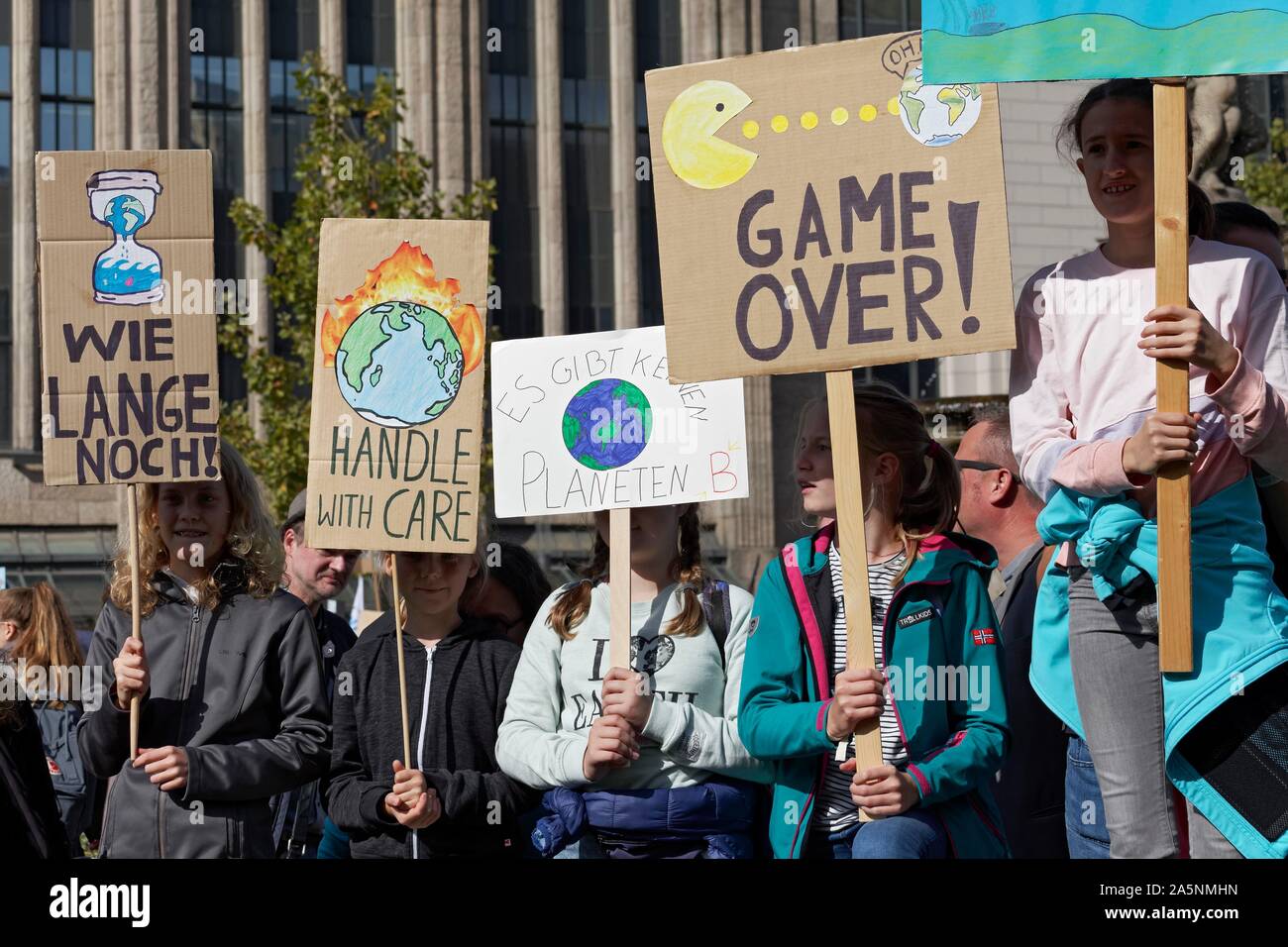 Children holding banners, Demonstration for Climate Protection, Fridays for Future, Dusseldorf, North Rhine-Westphalia, Germany Stock Photo