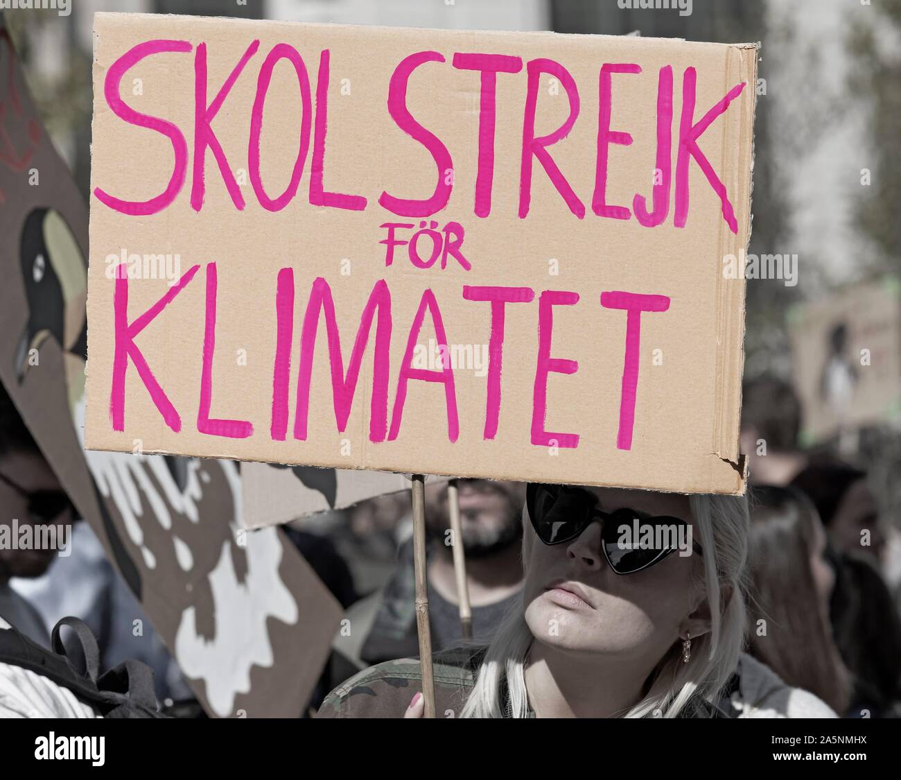 Banner with Swedish text Skolstrejk for klimatet, Demonstration von Kindern und Jugendlichen fur Klimaschutz, Fridays for Future, 20. September Stock Photo