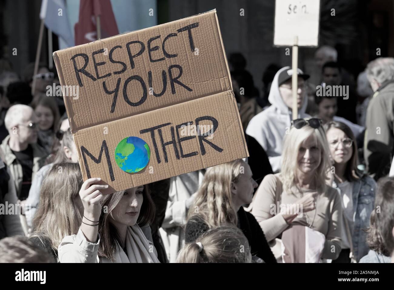 Banner Respect your Mother, Mother Earth, Children and Youth Demonstration for Climate Protection, Fridays for Future, 20 September 2019 Stock Photo
