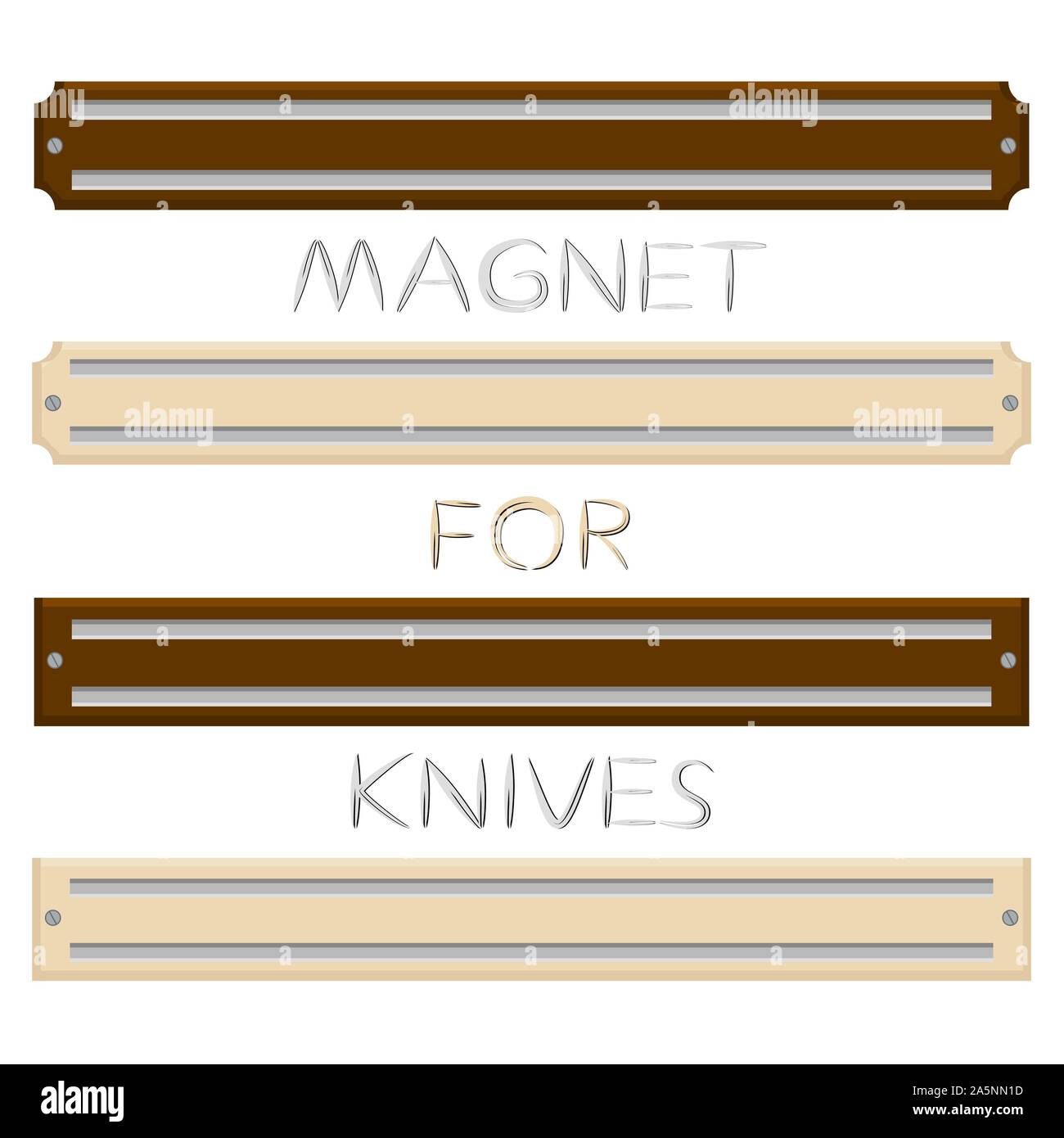 Illustration on theme big colored set different types magnets different size for knives. Magnet pattern consisting of collection accessory to knives i Stock Vector