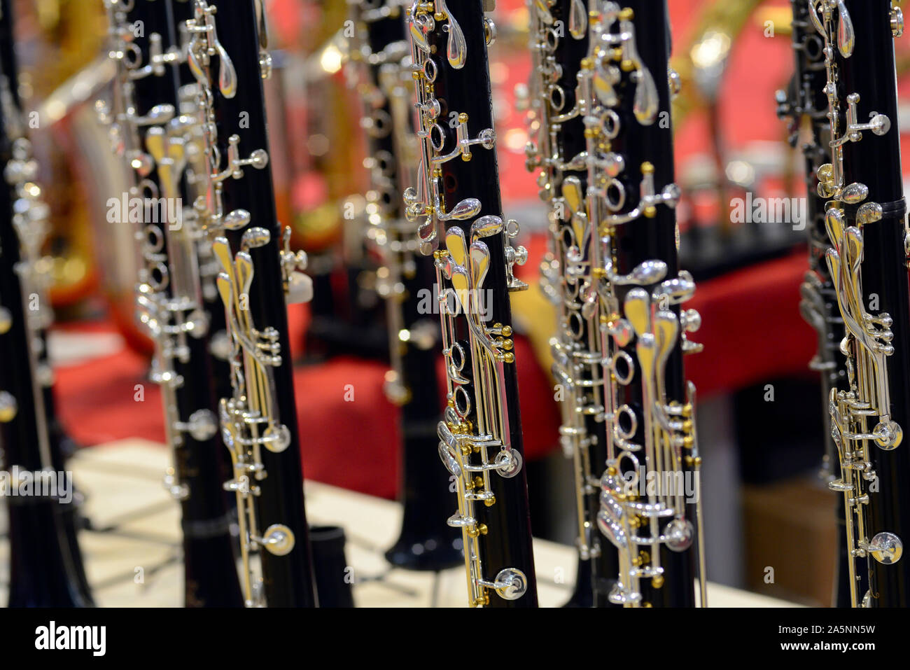 Italy, Lombardy, Cremona, Cremona Musica International Exhibitions and Festival 2019, Row of Clarinet Stock Photo