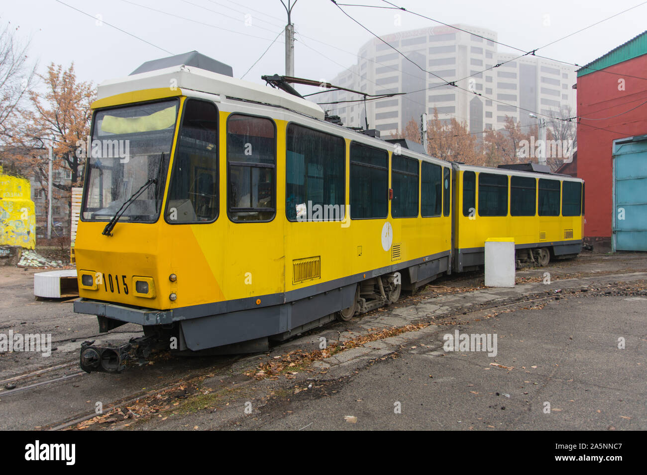 Tram on the rails (yellow, depo, tramway) Stock Photo