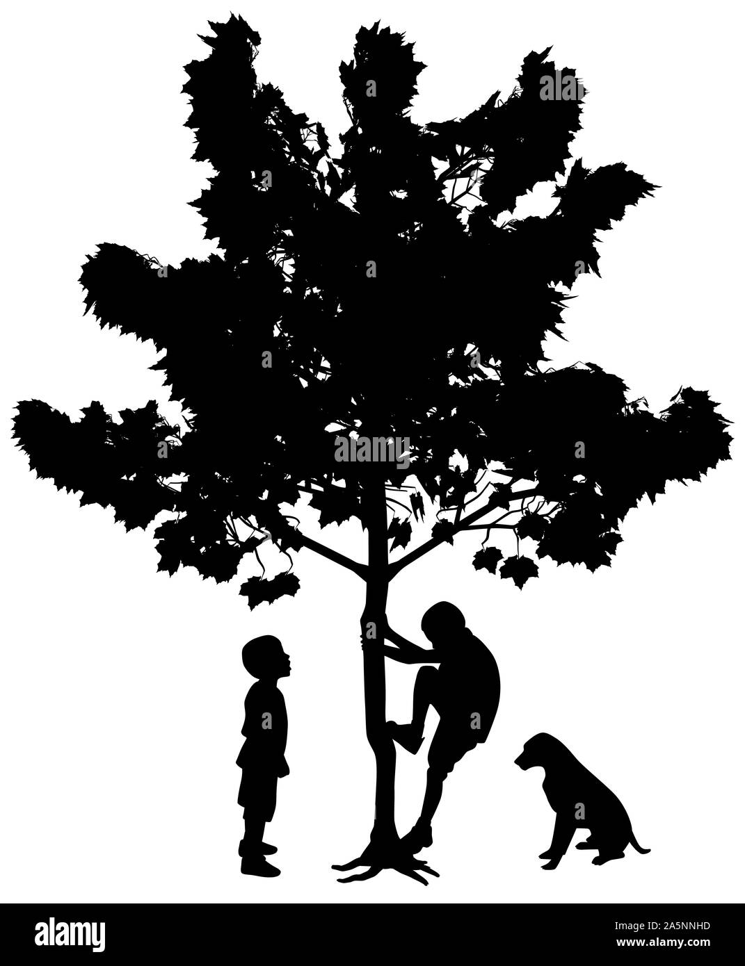 Two best friends little boys with dog. One boy climbing up a tree while another standing and looking with wow face expression at his friend climber. Stock Photo