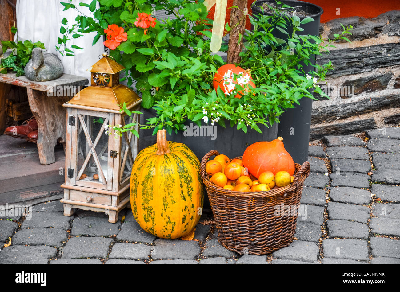 Beautiful Autumn Street Decoration Wooden Lamp Squash Orange Pumpkins And Wicker Basket With Apples Colorful Fall Decor Seasons Of The Year Halloween Background Stock Photo Alamy