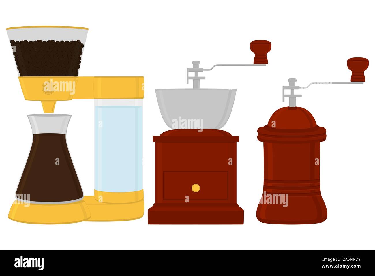 Illustration on theme big colored set different types wooden coffee mill, different size grinders. Mill pattern consisting of collection accessory to Stock Vector
