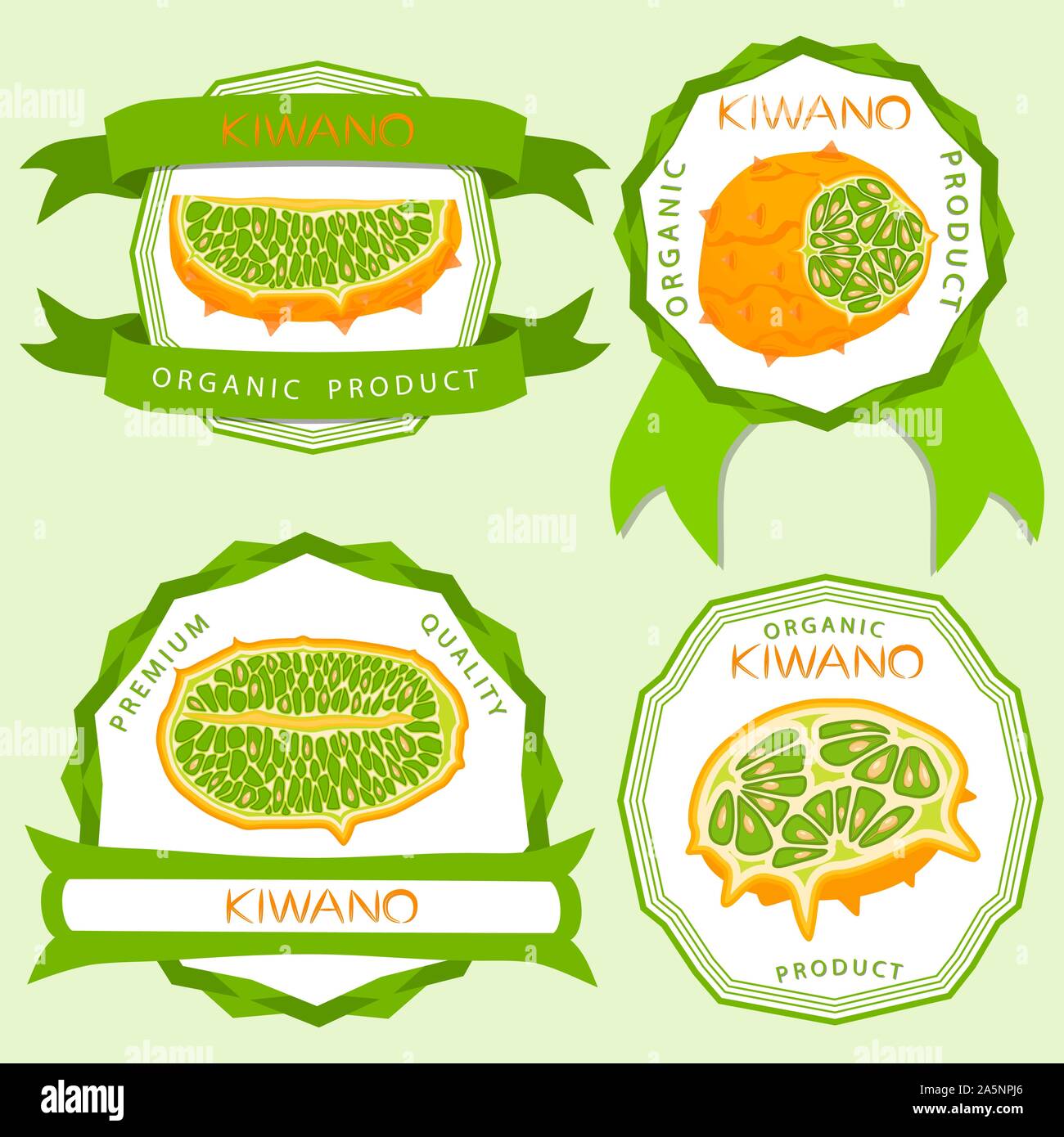 Illustration on theme big set different types african kiwano, green stem, melon various size. Kiwano pattern consisting of collection meal melon for o Stock Vector