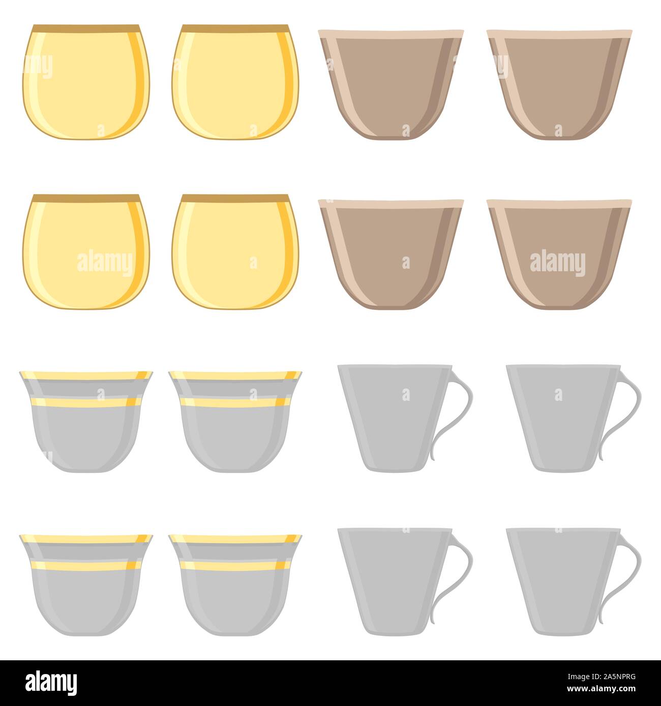 Illustration on theme big colored set different types cups, mugs retro style. Cup pattern consisting of collection accessory beautiful mug to beverage Stock Vector