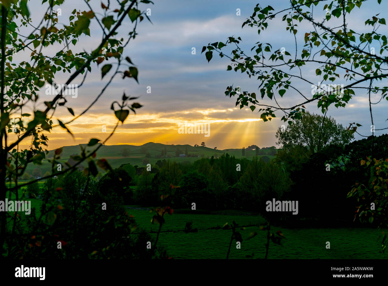 Rising sun lights up landscape through gap in clouds silhouetting forground trees. Stock Photo