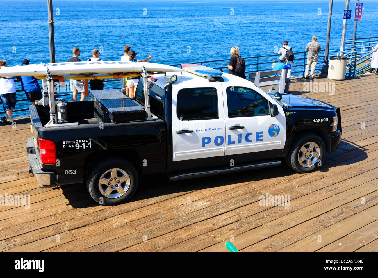 Santa Monica police Chevrolet Silverado Hybrid patrol vehicle on the end of the pier , California, United States of America. USA. October 2019 Stock Photo