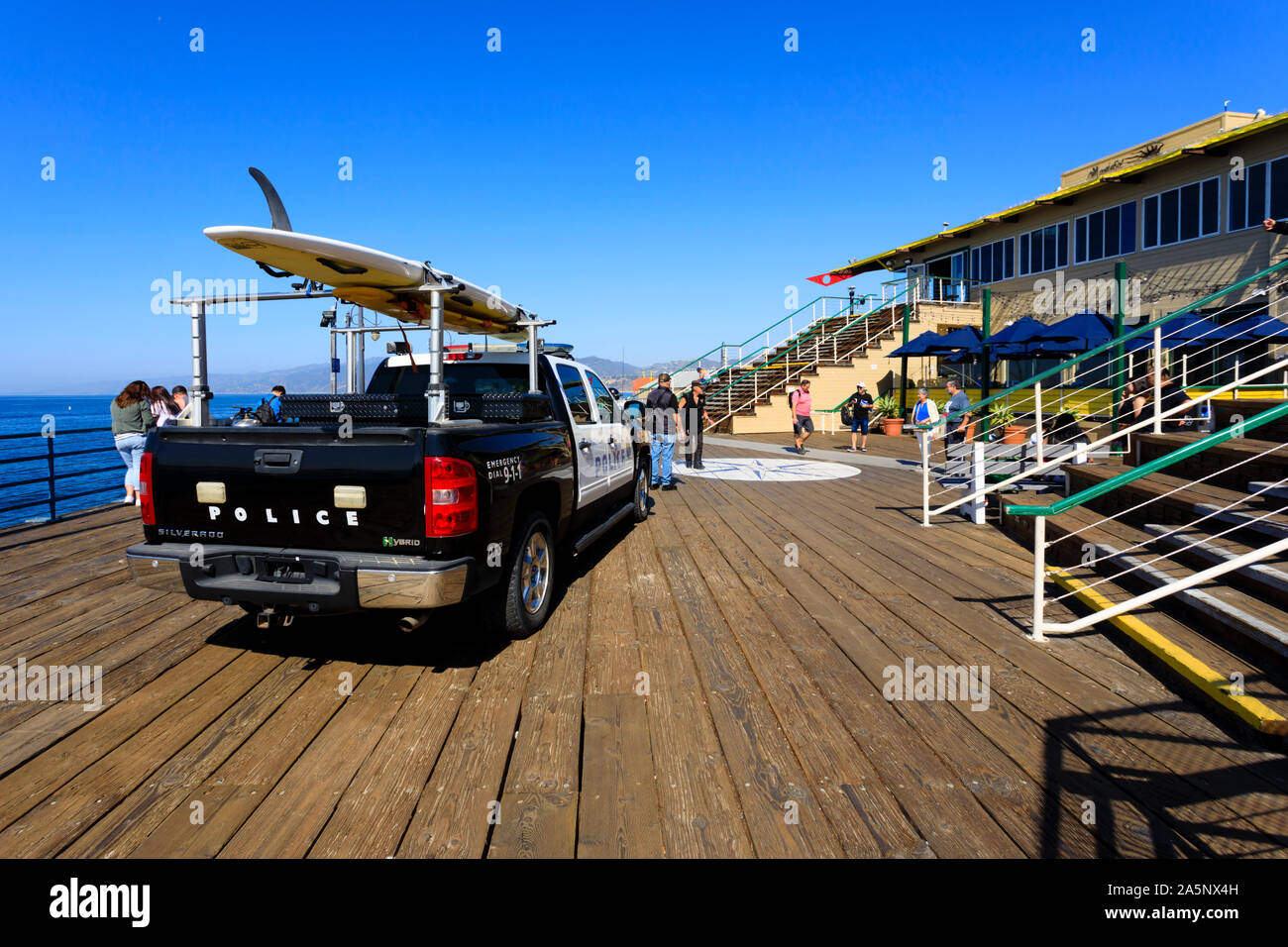 Santa Monica Chevrolet Silverado Hybrid police patrol vehicle on the end of the pier , California, United States of America. USA. October 2019 Stock Photo