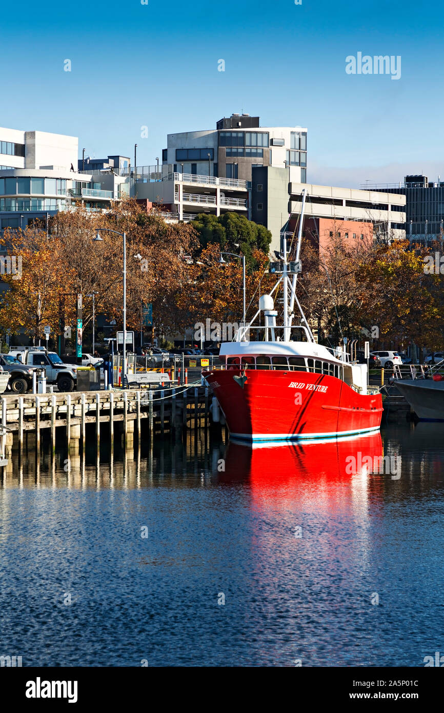 Hobart Australia /  A commercial fishing boat at anchor in Hobart Tasmania.Victoria Dock is home for many of Hobart's commercial fishing vessels. Stock Photo