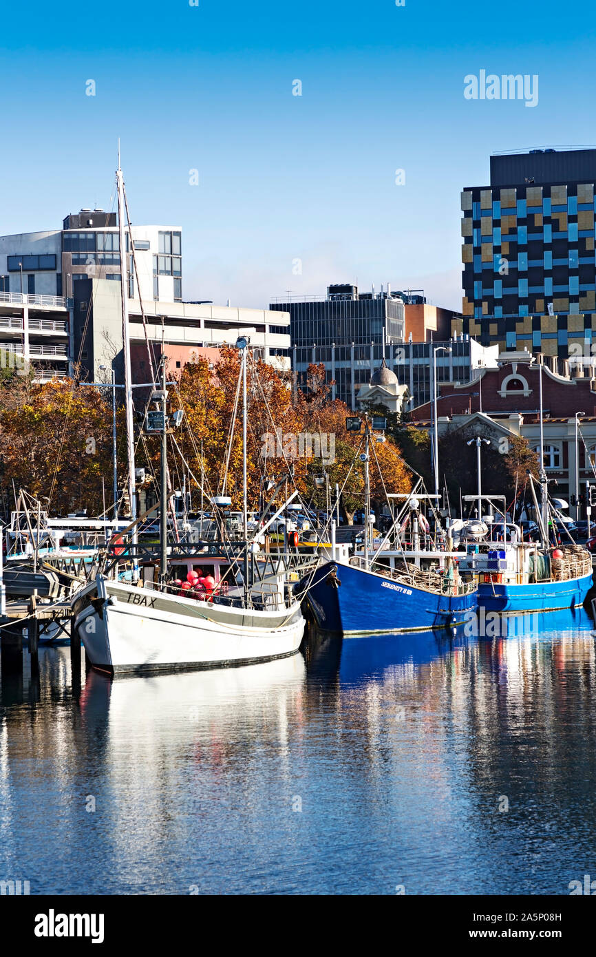 Hobart Australia / Commercial fishing boats at anchor in Hobart Tasmania.Victoria Dock is home for many of Hobarts commercial fishing vessels. Stock Photo