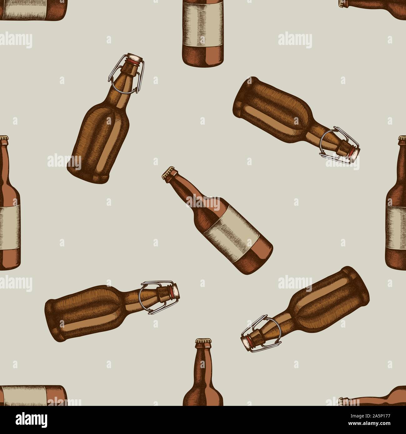 Seamless pattern with hand drawn colored bottles of beer stock illustration Stock Vector