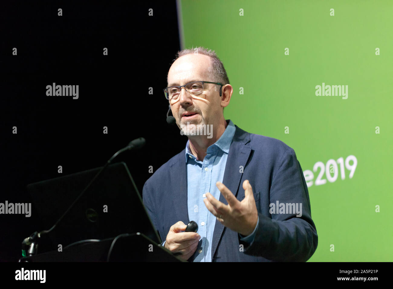 Geoff Simm, Director, The Global Academy of Agriculture and Food Security, University of Edinburgh, talking about 'Sustainable solutions to feed 11 billion'. On the Earth Stage at New Scientist Live 2019 Stock Photo