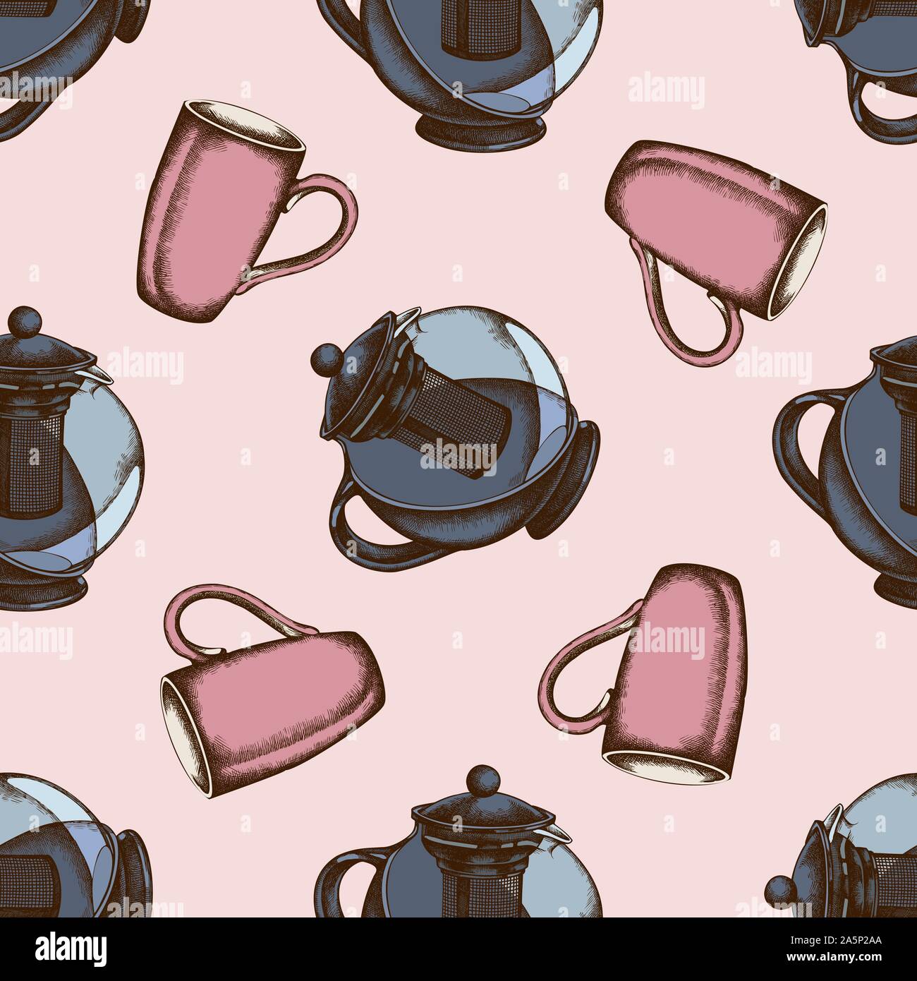 Seamless pattern with hand drawn colored teapots, cups stock illustration Stock Vector
