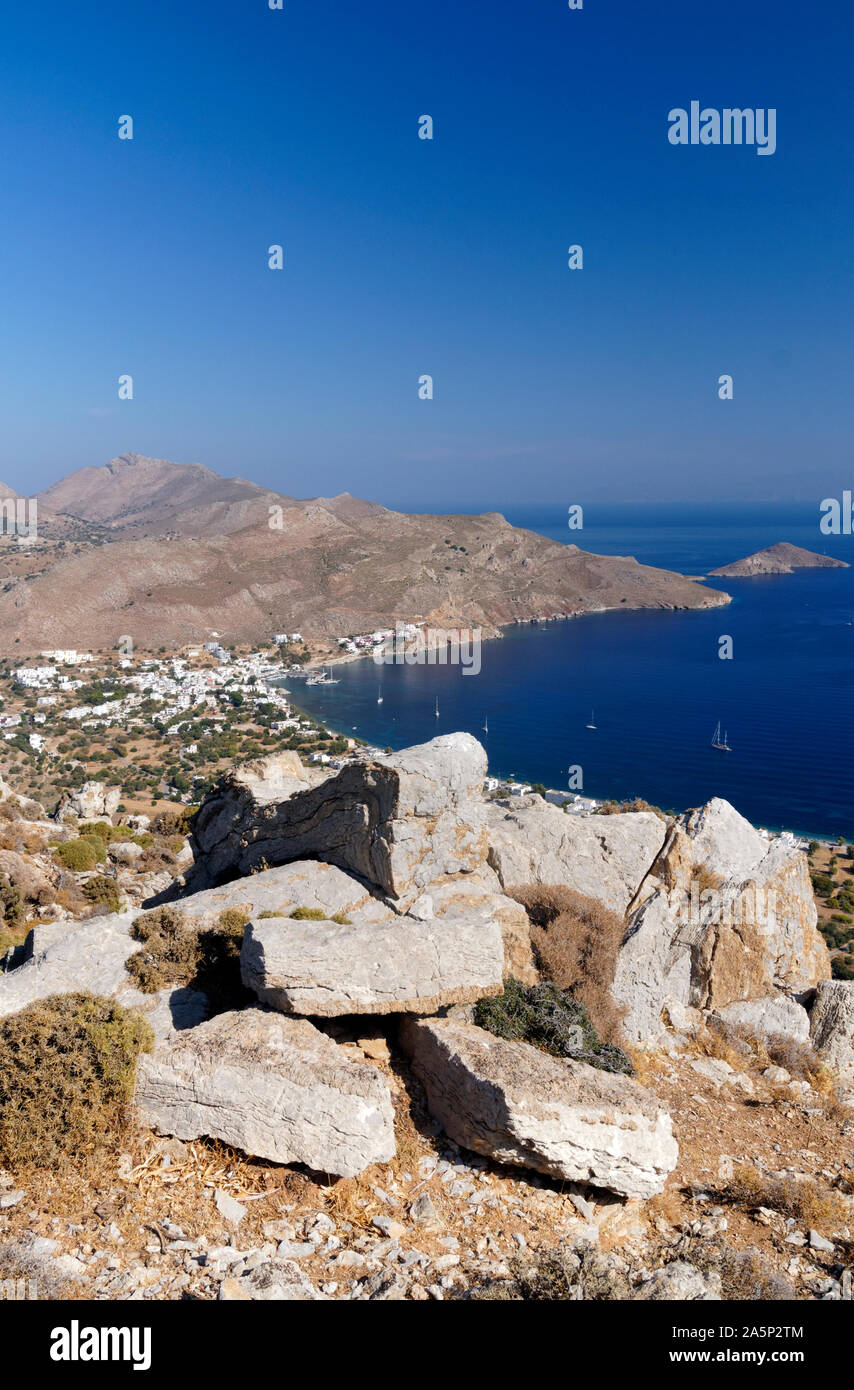 View of Liavdia bay from Gerontas, Tilos, Dodecanese islands, Southern Aegean, Greece. Stock Photo