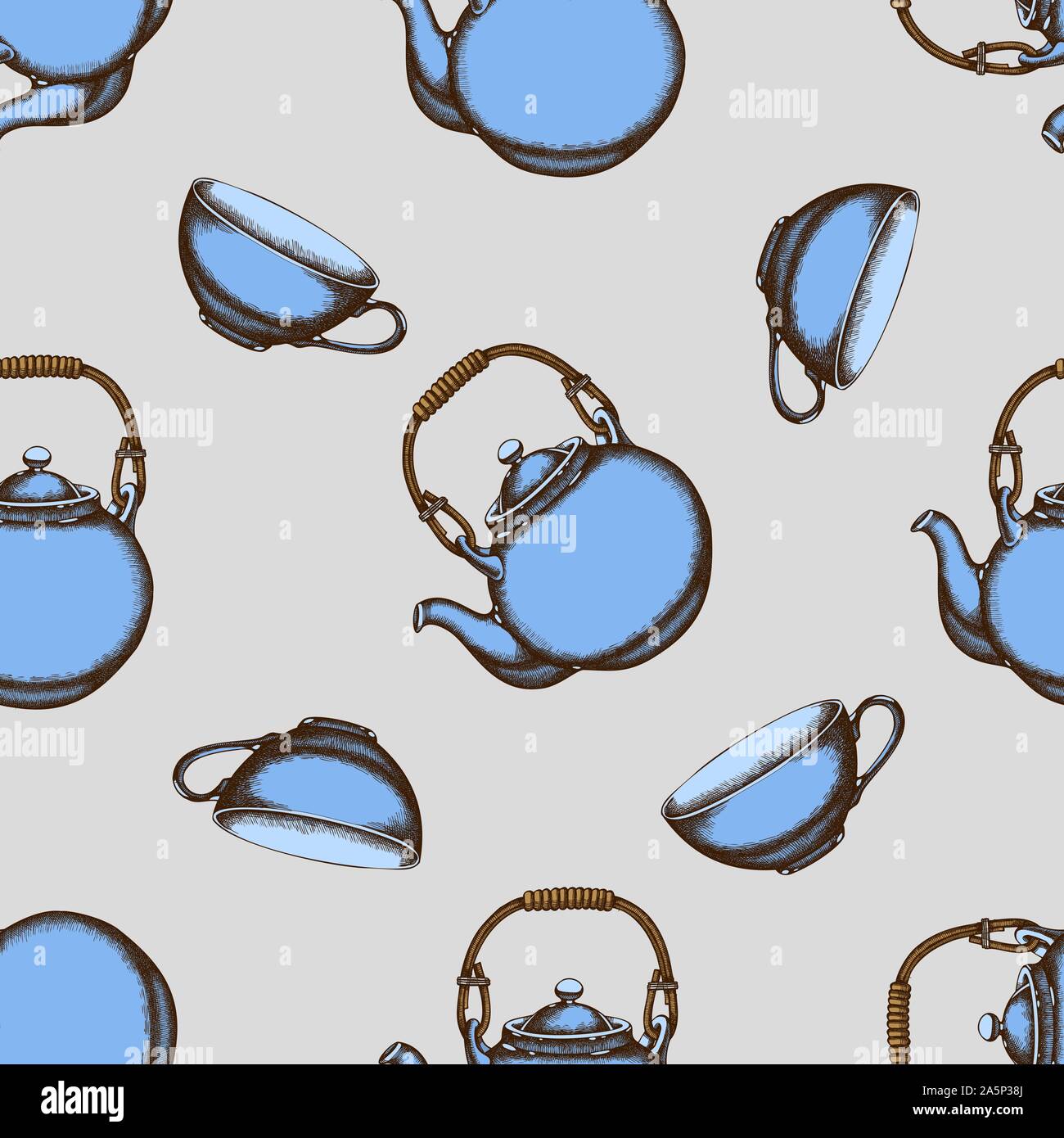 Seamless pattern with hand drawn colored teapots, cups stock illustration Stock Vector
