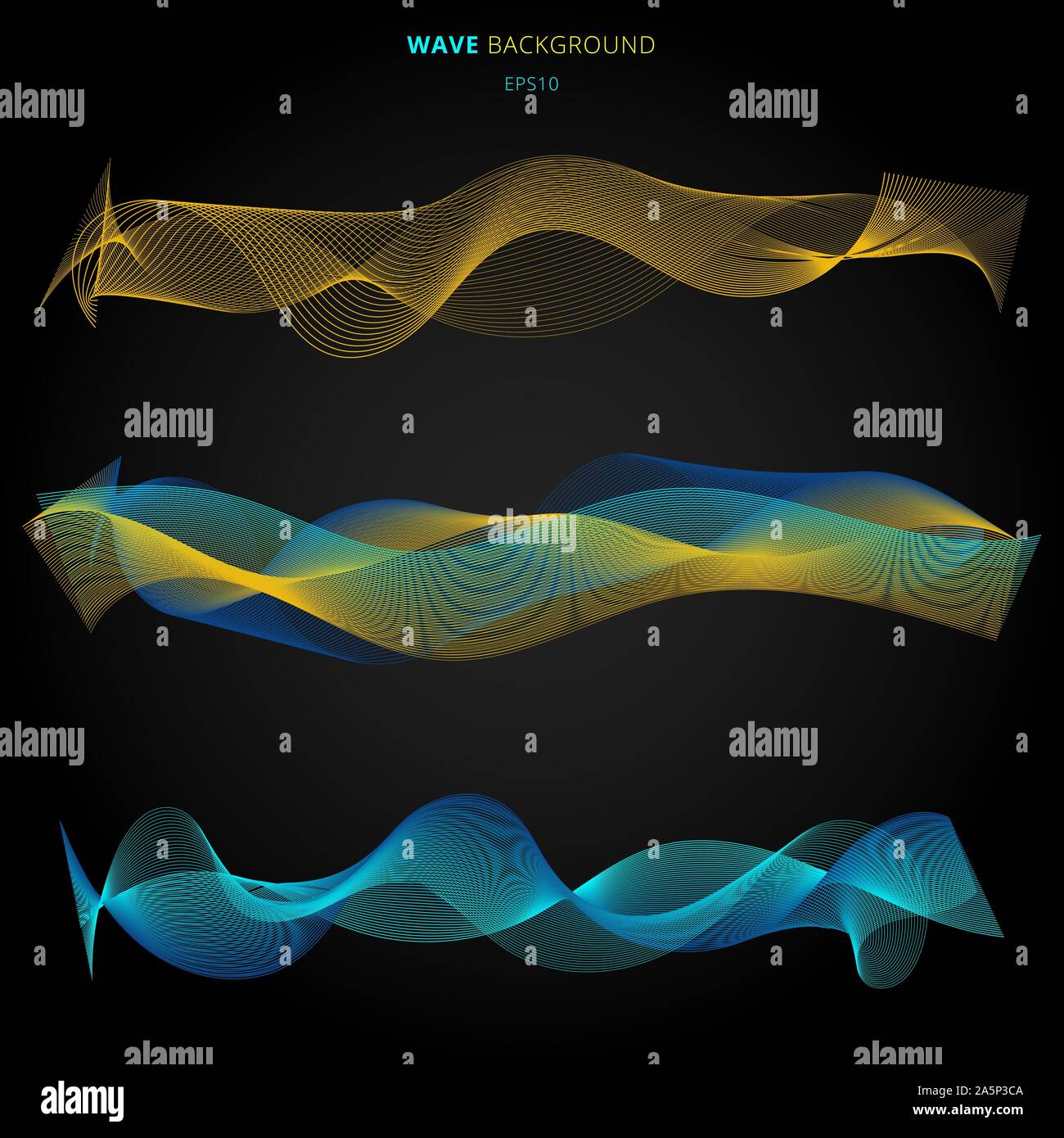 Abstract blue and yellow smooth waves lines elements on black background. Vector illustration Stock Vector