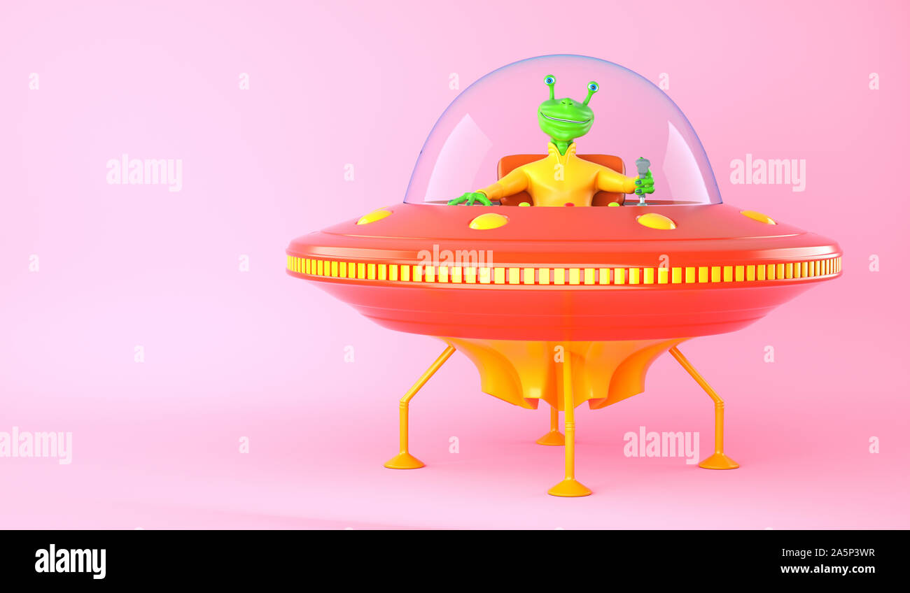 Illustration of UFO with green alien on pink background. 3D illustration Stock Photo