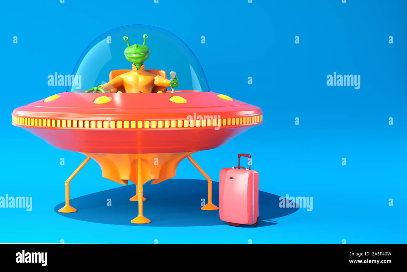 Illustration of UFO with green alien on blue background. 3D illustration Stock Photo