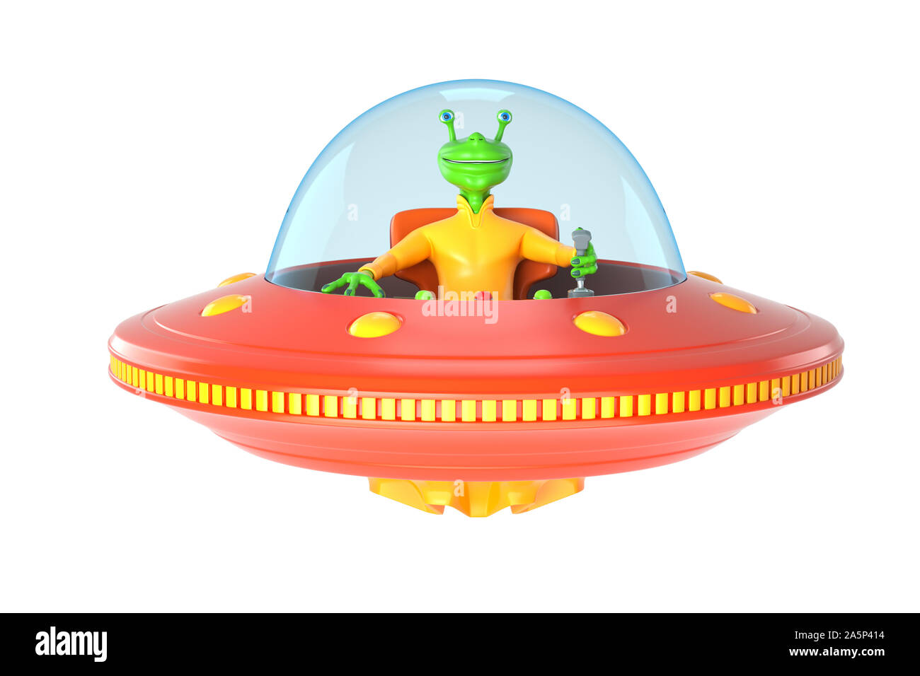 Illustration of UFO with green alien. 3D illustration Stock Photo