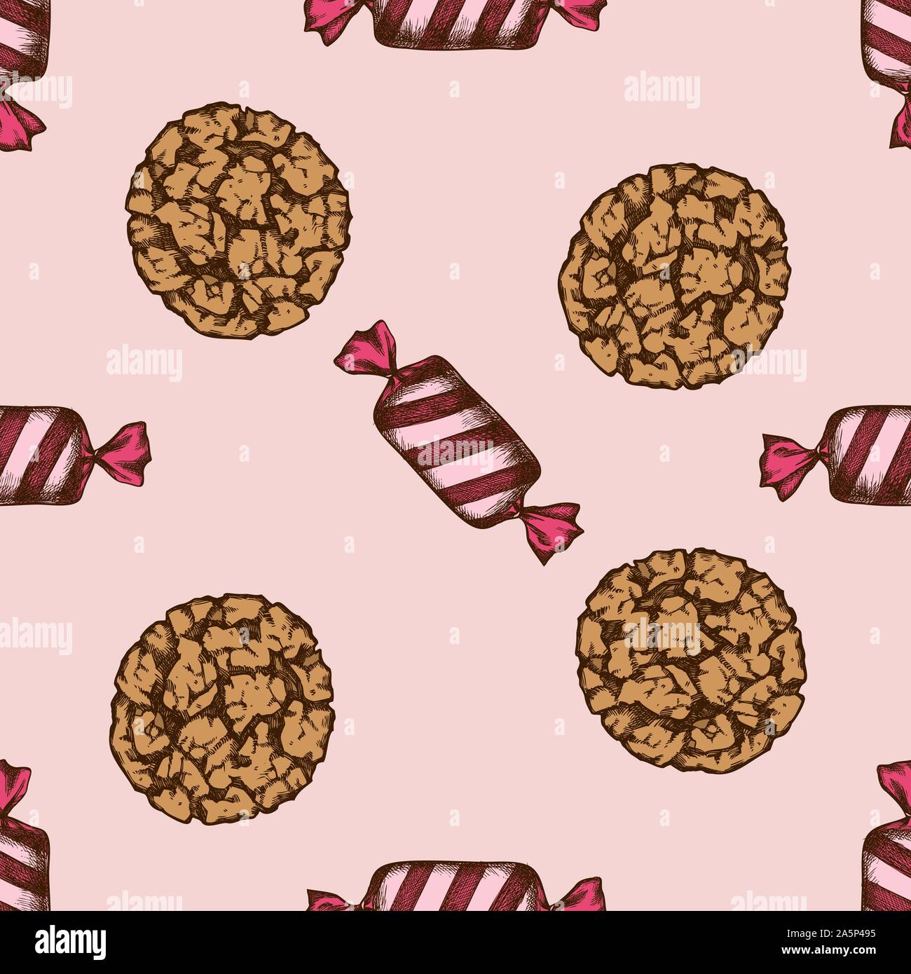 Seamless pattern with hand drawn colored candies, cookie stock ...
