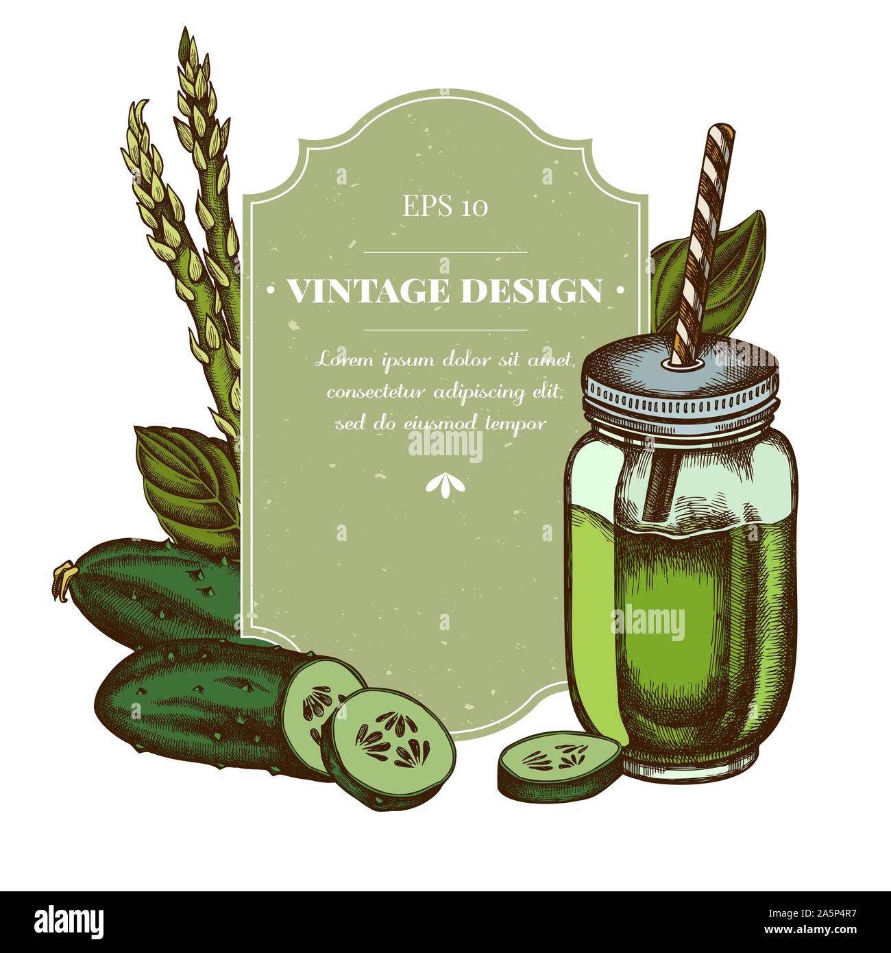 Badge design with colored green beans, basil, smothie jars, cucumber stock illustration Stock Vector