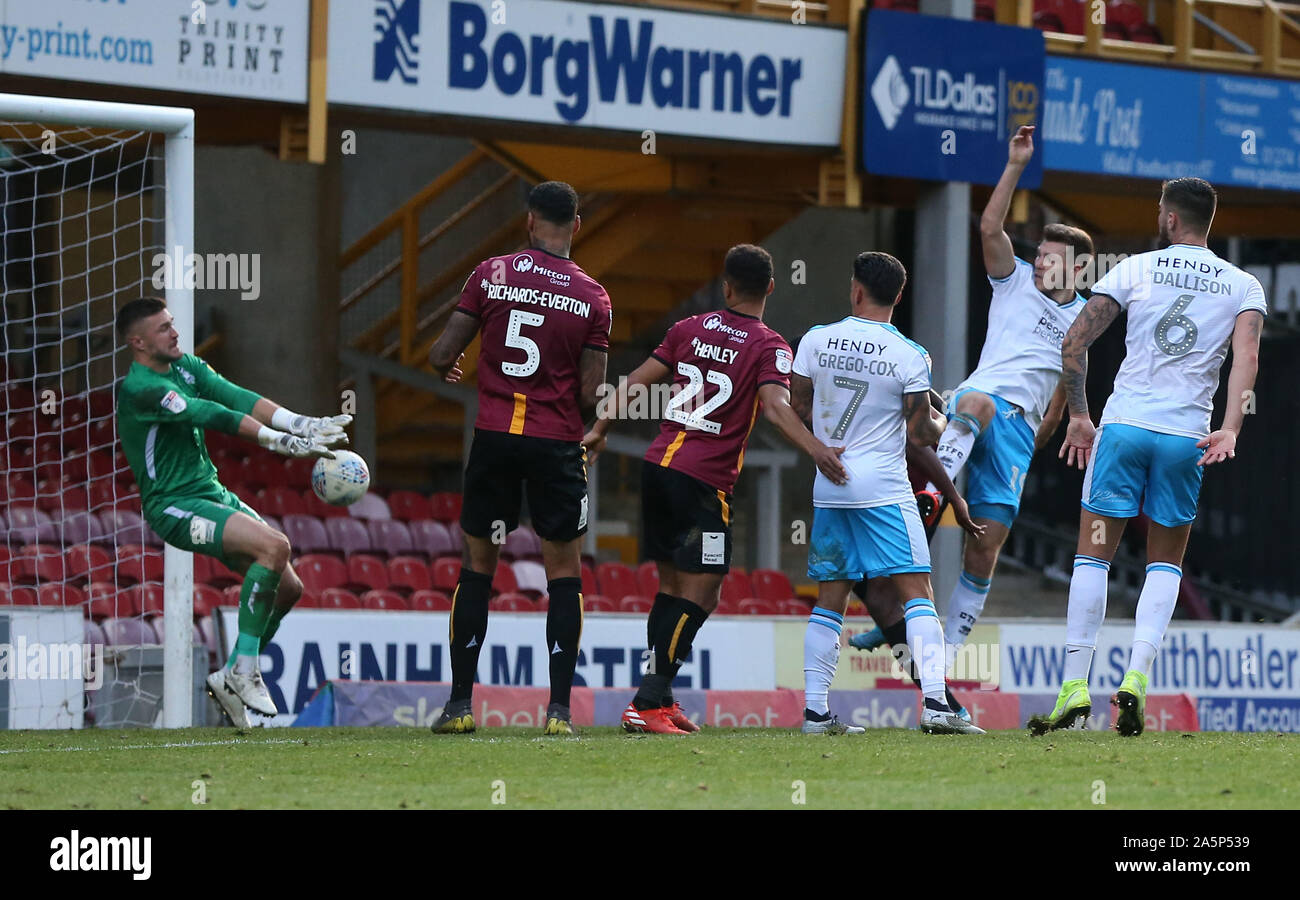 Bradford, UK. 19 October 2019 Crawley Town's Jordan TunnicliffeÕs header is saved by Bradford's Richard O'Donnell during the Sky Bet League Two match between Bradford City and Crawley Town  at The Utilita Energy Stadium in Bradford. Credit: Telephoto Images / Alamy Live News Stock Photo
