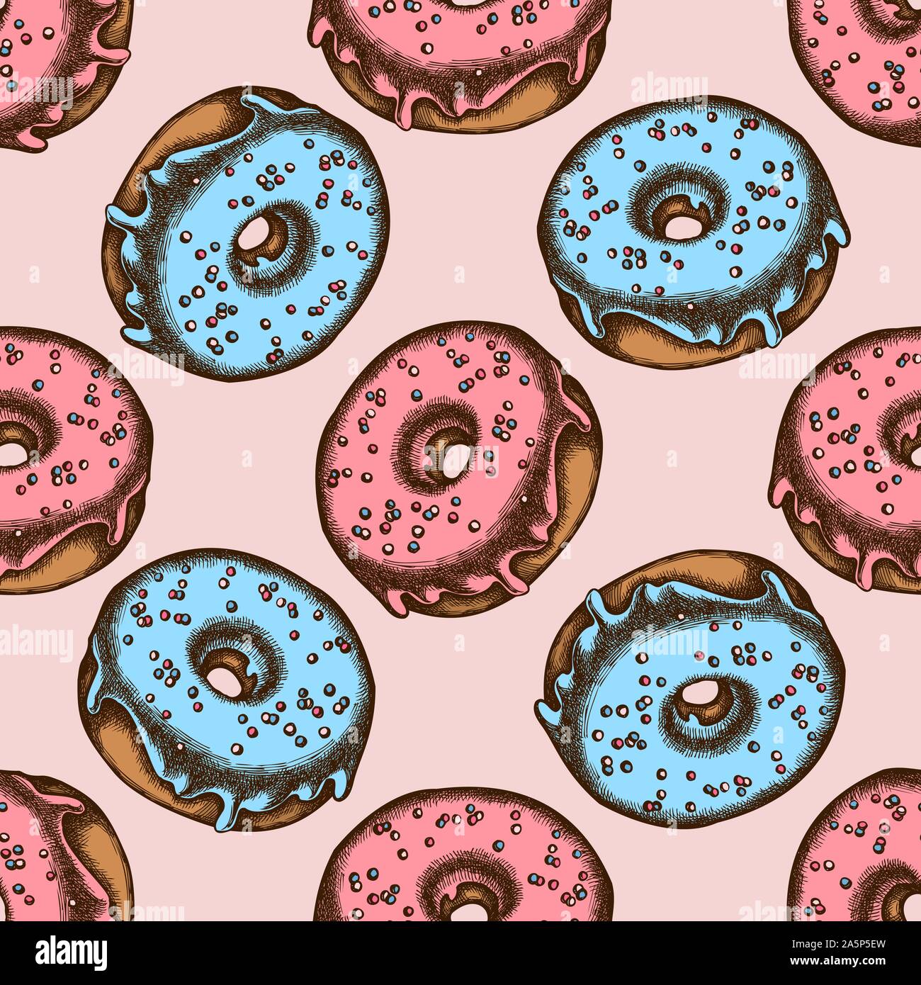 Seamless pattern with hand drawn colored donut stock illustration Stock Vector