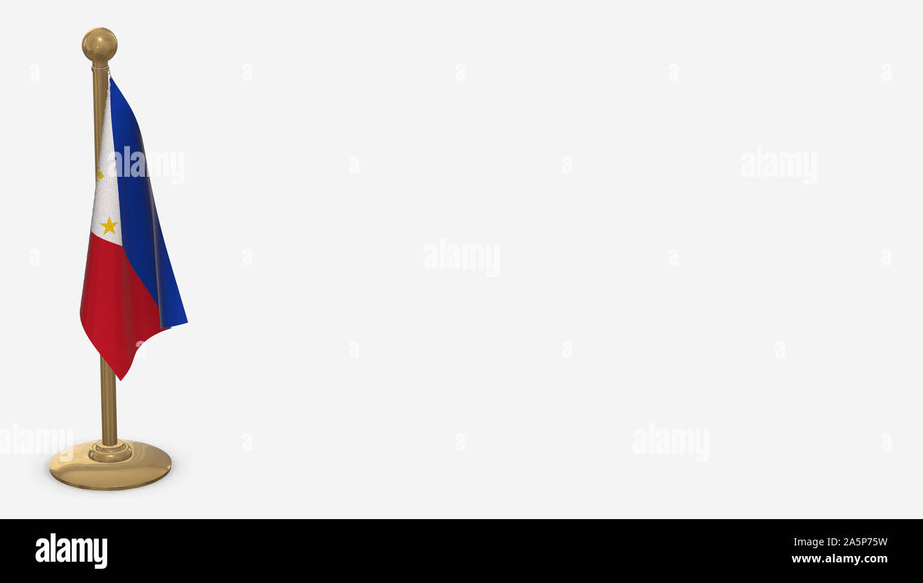 Philippines 3D flag illustration hanging on golden flagpole. Isolated