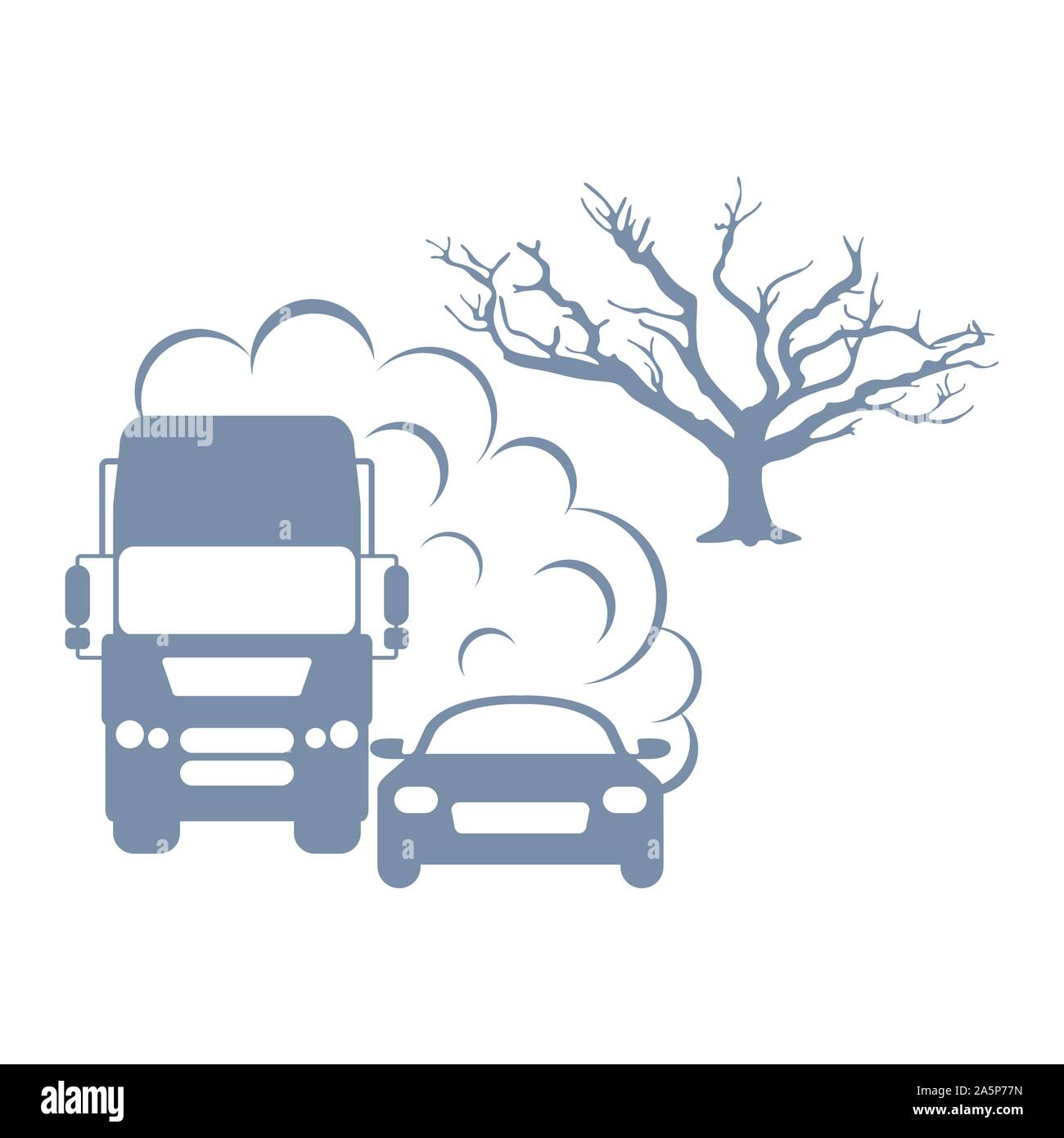 Vector illustration with cars, emits smog exhaust, tree. Environmental