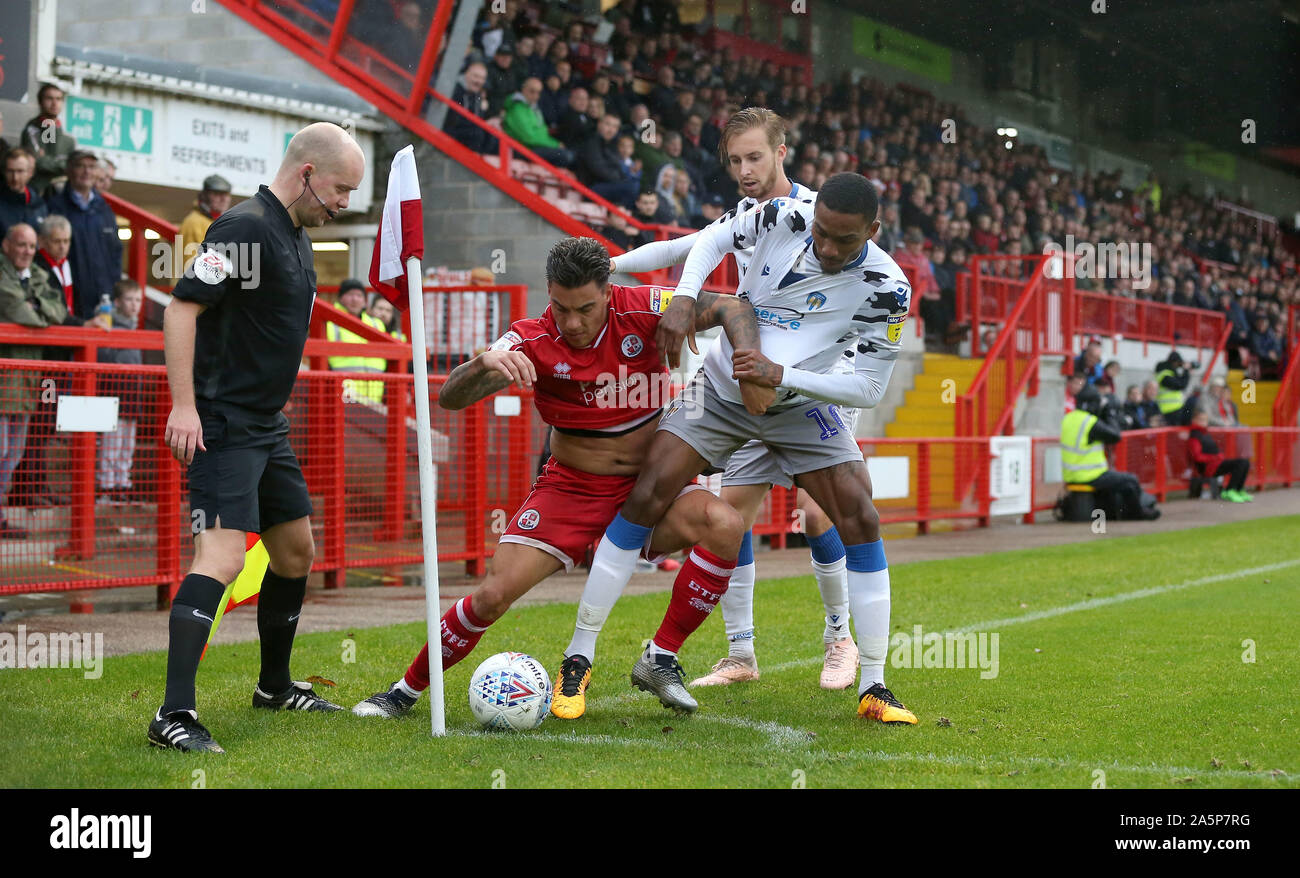 Crawley, UK. 12 October 2019 Crawley Town's Reece Grego-Cox holds the ball in the corner during the Sky Bet League Two match between Crawley Town and Colchester United at the Peoples Pension Stadium in Crawley. Credit: Telephoto Images / Alamy Live News Stock Photo