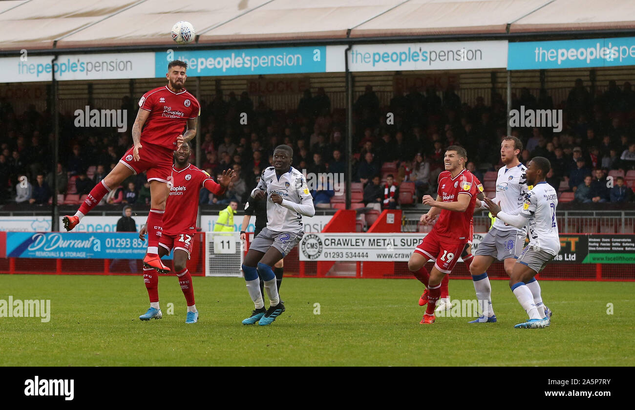 Crawley, UK. 12 October 2019 Crawley Town's Tom Dallison heads towards goal during the Sky Bet League Two match between Crawley Town and Colchester United at the Peoples Pension Stadium in Crawley. Credit: Telephoto Images / Alamy Live News Stock Photo
