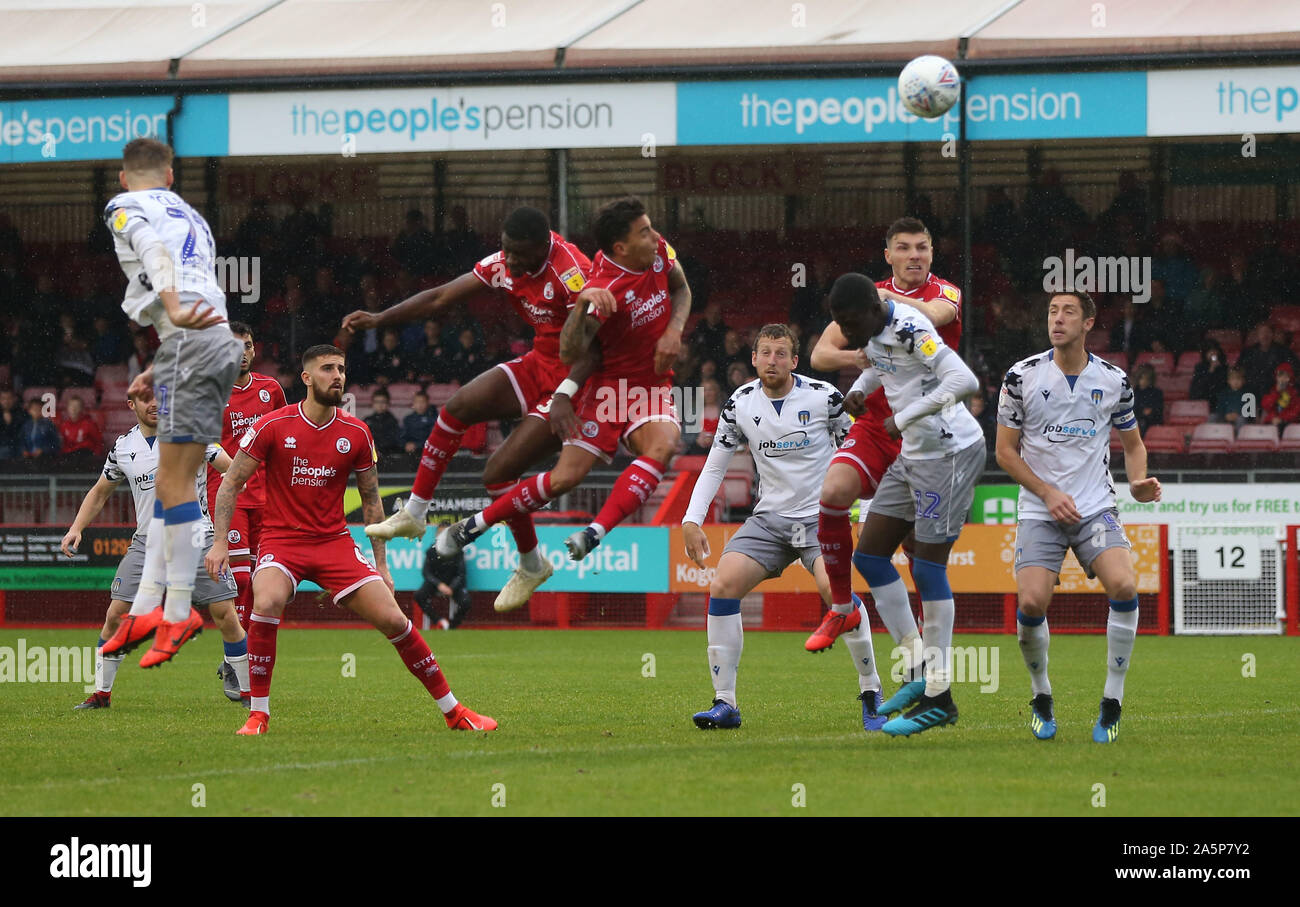Crawley, UK. 12 October 2019 during the Sky Bet League Two match between Crawley Town and Colchester United at the Peoples Pension Stadium in Crawley. Credit: Telephoto Images / Alamy Live News Stock Photo