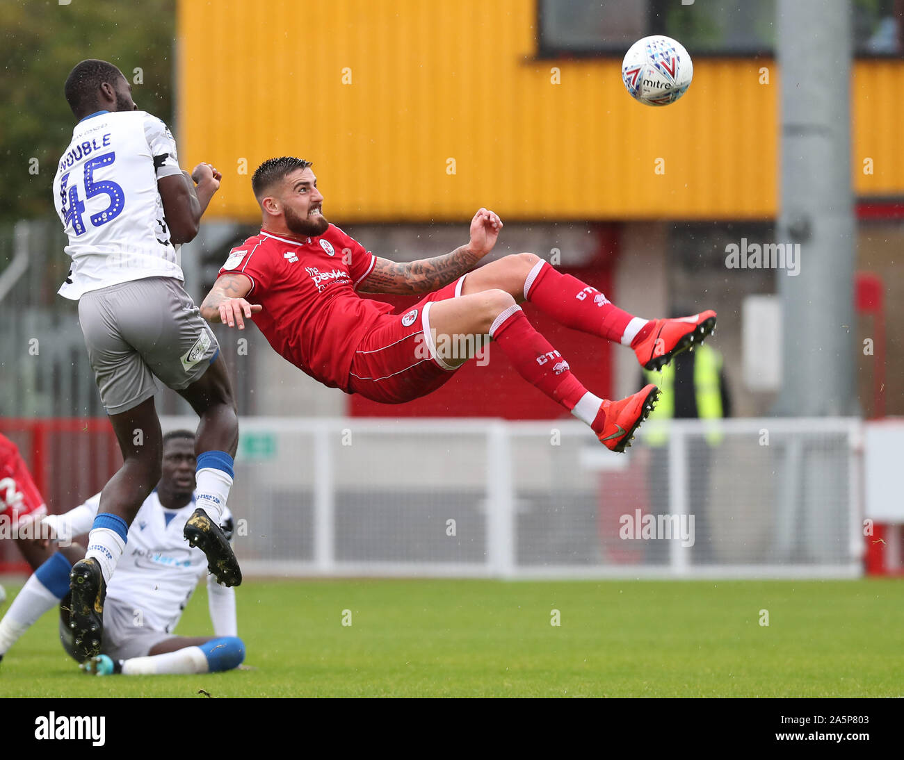 Crawley, UK. 12 October 2019 Crawley Town's Tom Dallison tries an overhead kick during the Sky Bet League Two match between Crawley Town and Colchester United at the Peoples Pension Stadium in Crawley. Credit: Telephoto Images / Alamy Live News Stock Photo