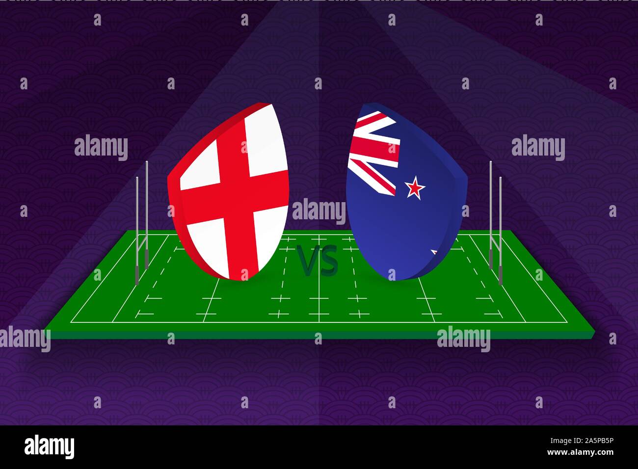 Rugby team England vs New Zealand on rugby field. Sport vector template. Stock Vector